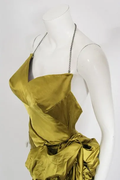 1940s Chartreuse Silk Halter Asymmetric Ruched Hourglass High-Slit Dress