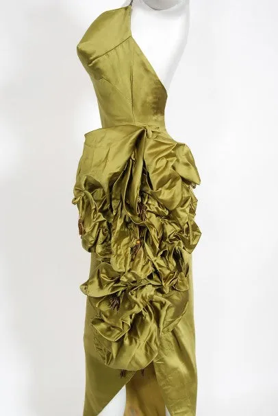 1940s Chartreuse Silk Halter Asymmetric Ruched Hourglass High-Slit Dress