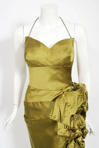 1940s Chartreuse Silk Halter Asymmetric Ruched Hourglass High-Slit Dress