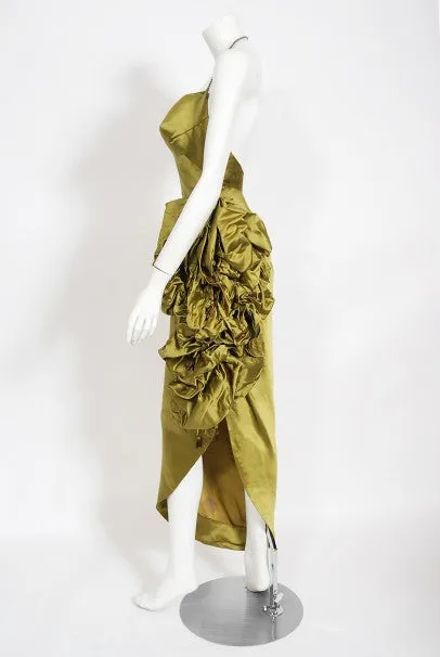 1940s Chartreuse Silk Halter Asymmetric Ruched Hourglass High-Slit Dress