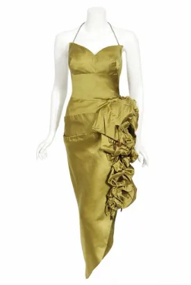 1940s Chartreuse Silk Halter Asymmetric Ruched Hourglass High-Slit Dress