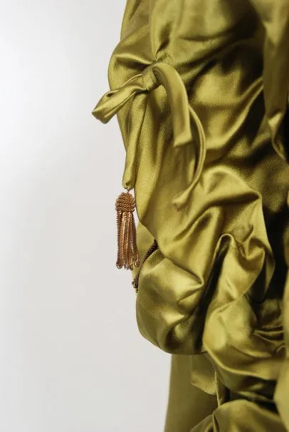 1940s Chartreuse Silk Halter Asymmetric Ruched Hourglass High-Slit Dress