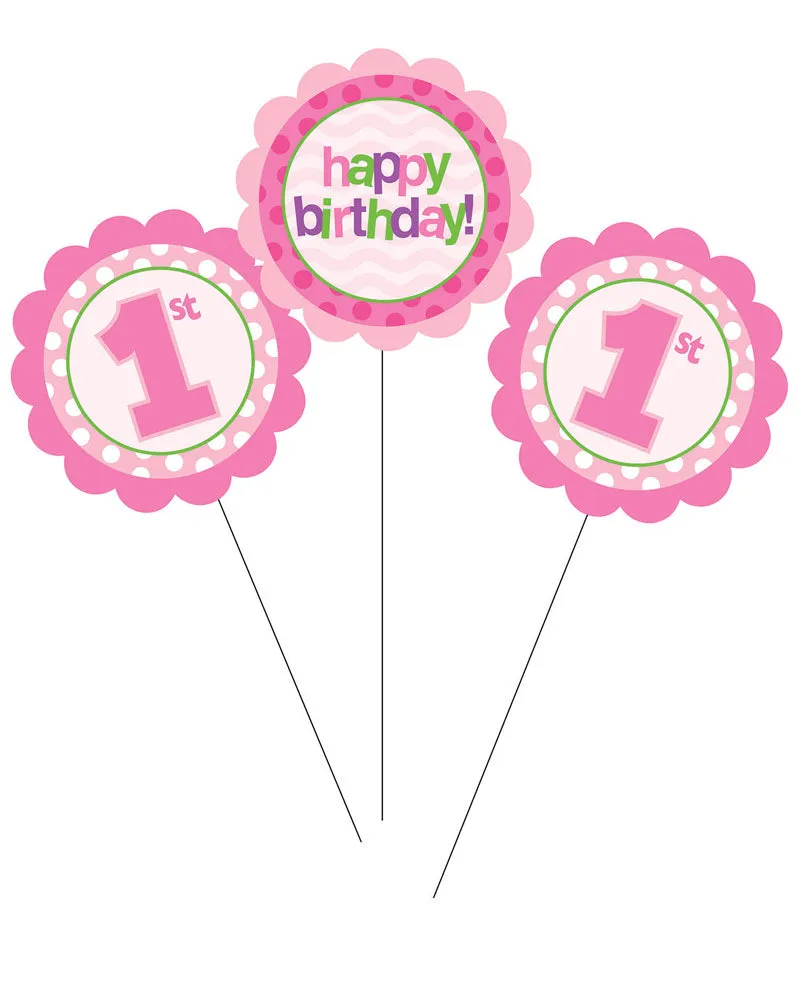 1st Birthday Pink Assorted Centrepiece Sticks Pack of 3