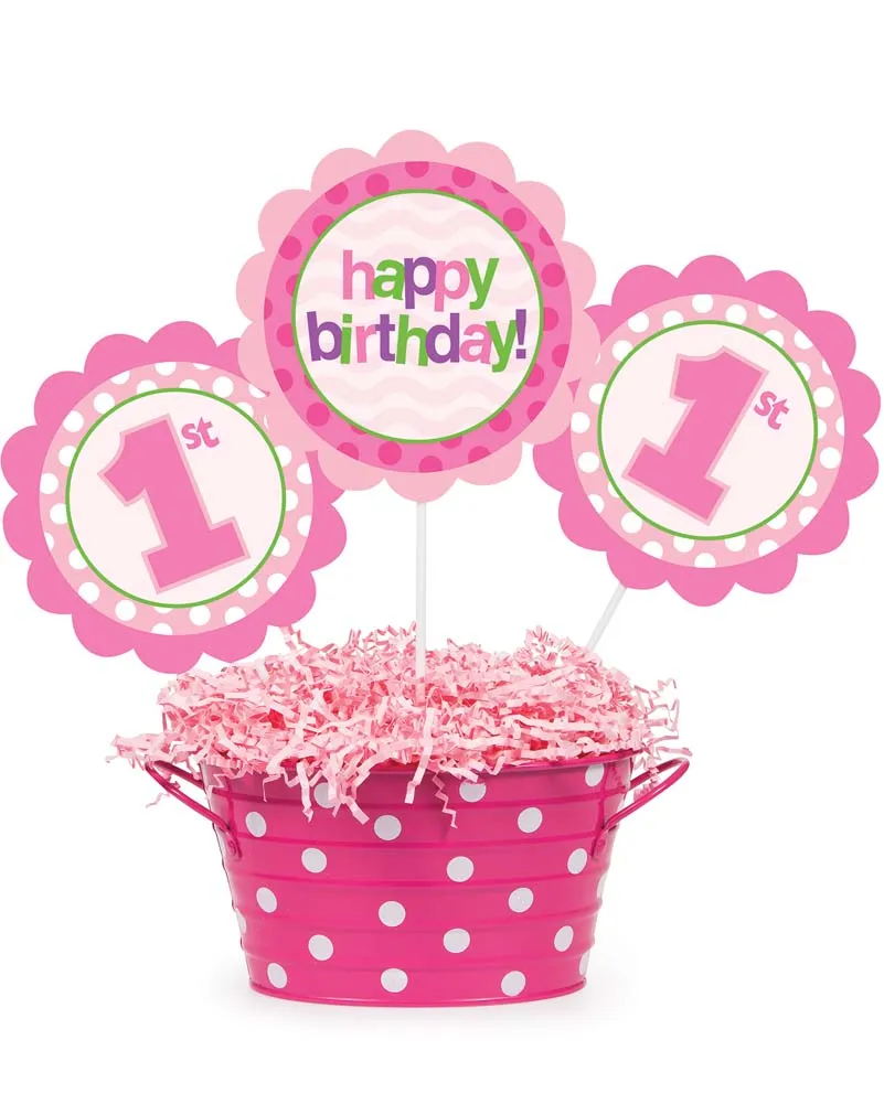 1st Birthday Pink Assorted Centrepiece Sticks Pack of 3