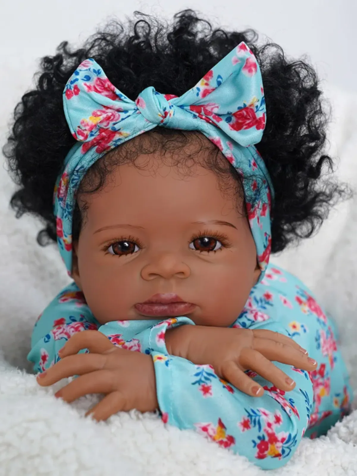 20" Cute African American Reborn Baby Doll in Flower Print Onesie with Matching Headband