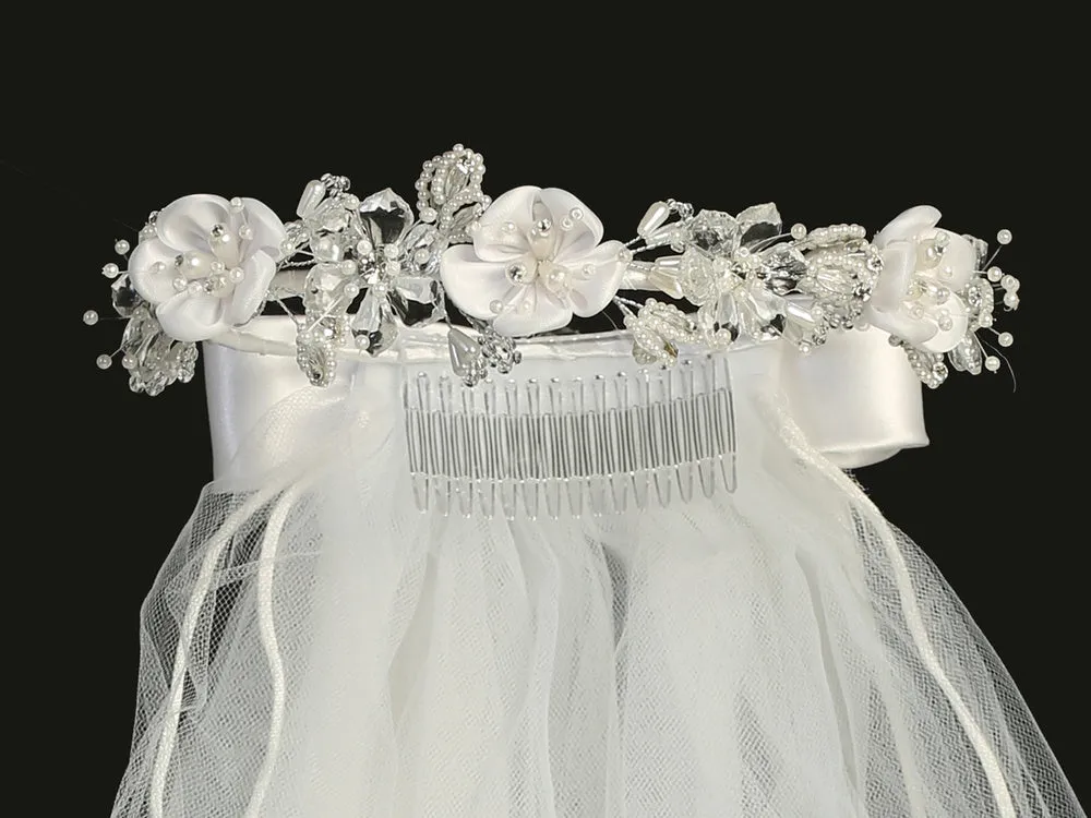 24" veil with satin & crystal flowers with pearl & rhinestones