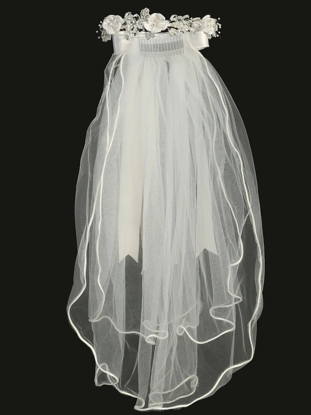 24" veil with satin & crystal flowers with pearl & rhinestones