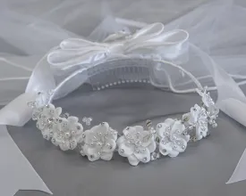 24" veil with satin flowers, beads, pearls & rhinestones