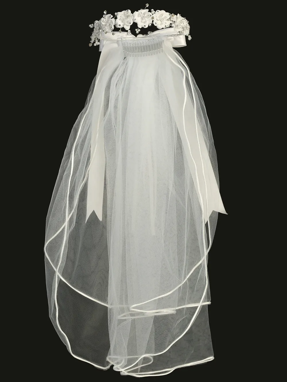 24" veil with satin flowers, beads, pearls & rhinestones