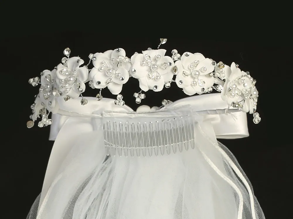 24" veil with satin flowers, beads, pearls & rhinestones