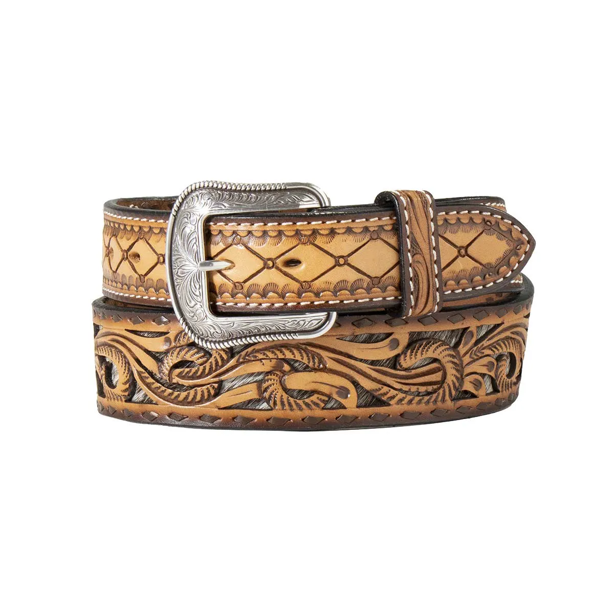 3D Belt Co Men's Floral Engraved Antique Silver Belt - Black