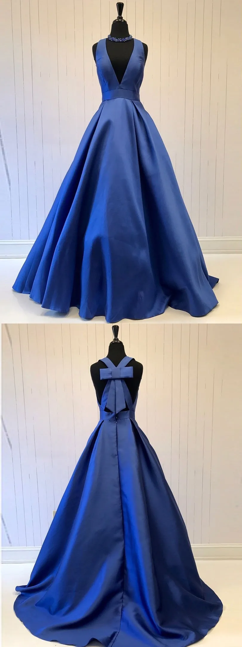 A-line Halter Sweep Train Satin Bow Prom Dress 3043