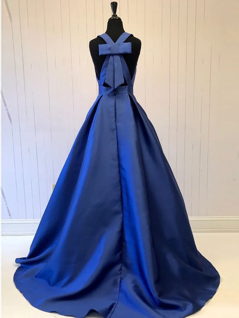 A-line Halter Sweep Train Satin Bow Prom Dress 3043