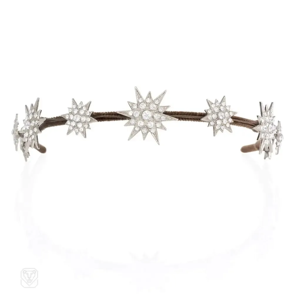 A Swarvoski crystal nine-star headband/bandeau, in palladium plated bronze.  Andrew Prince.  Velvet may be changed to match hair color.