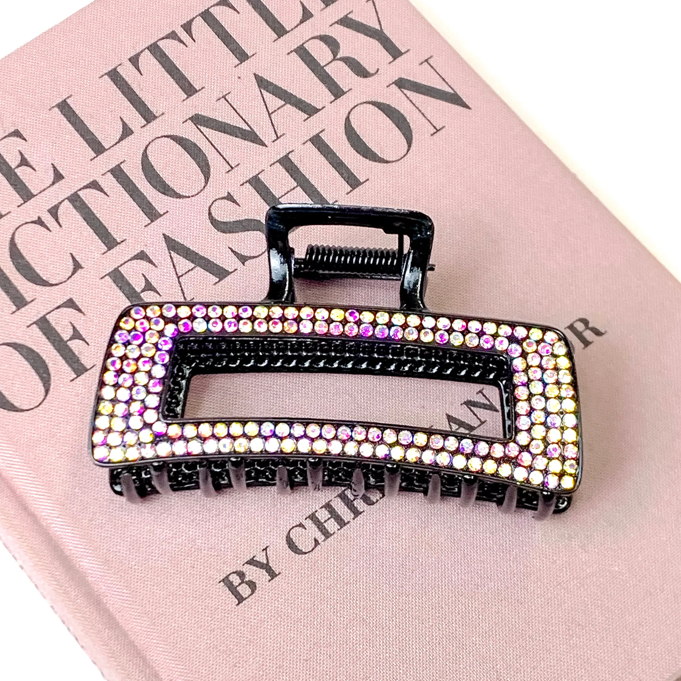 AB Crystal Embellished Metal Rectangle Hair Clip in Black