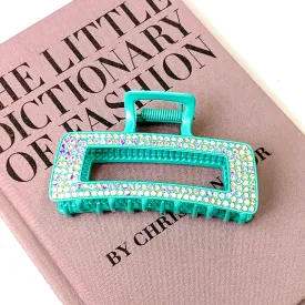 AB Crystal Embellished Metal Rectangle Hair Clip in Turquoise Blue