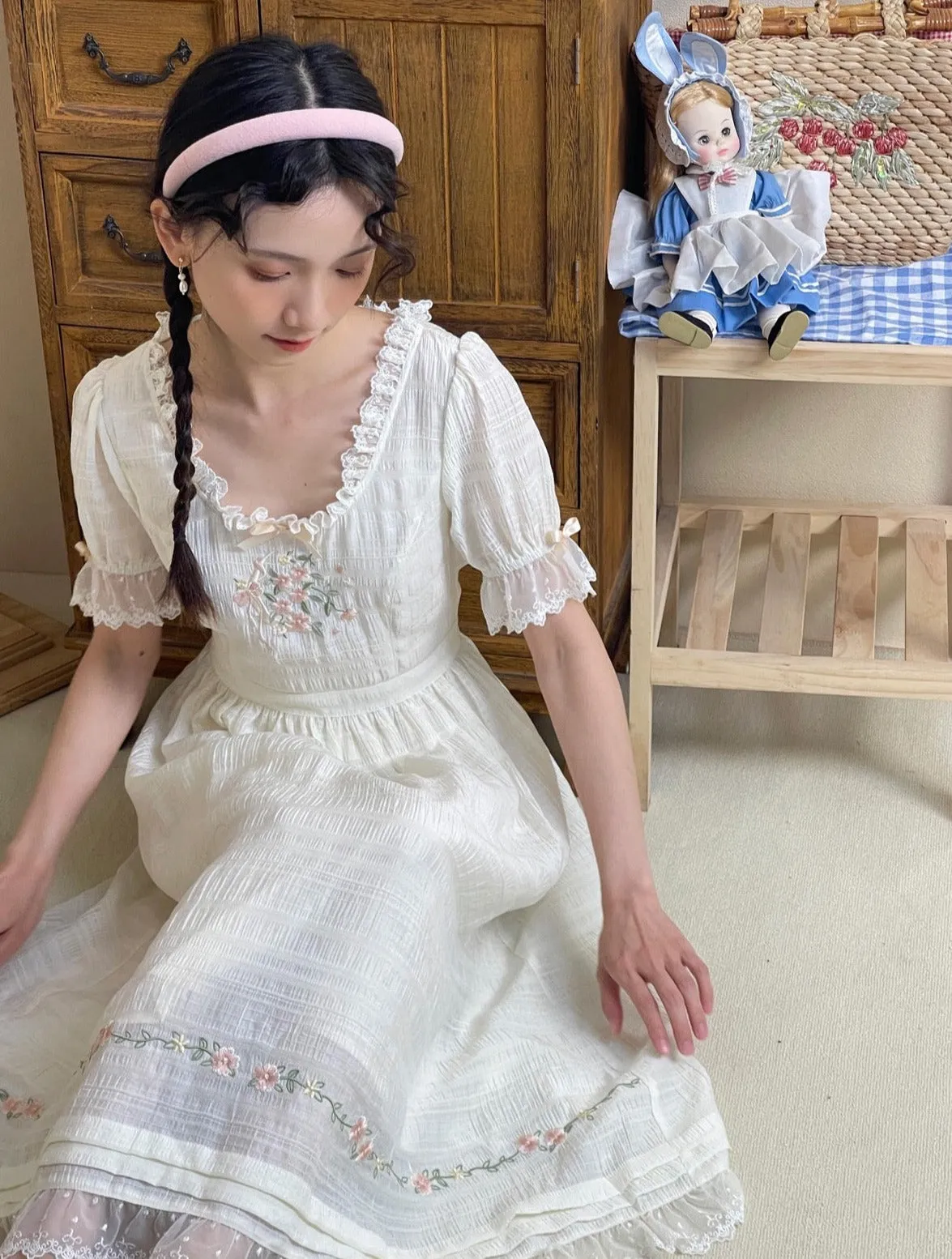 Abbie Cottage Fairy Dress with Floral Embroidery