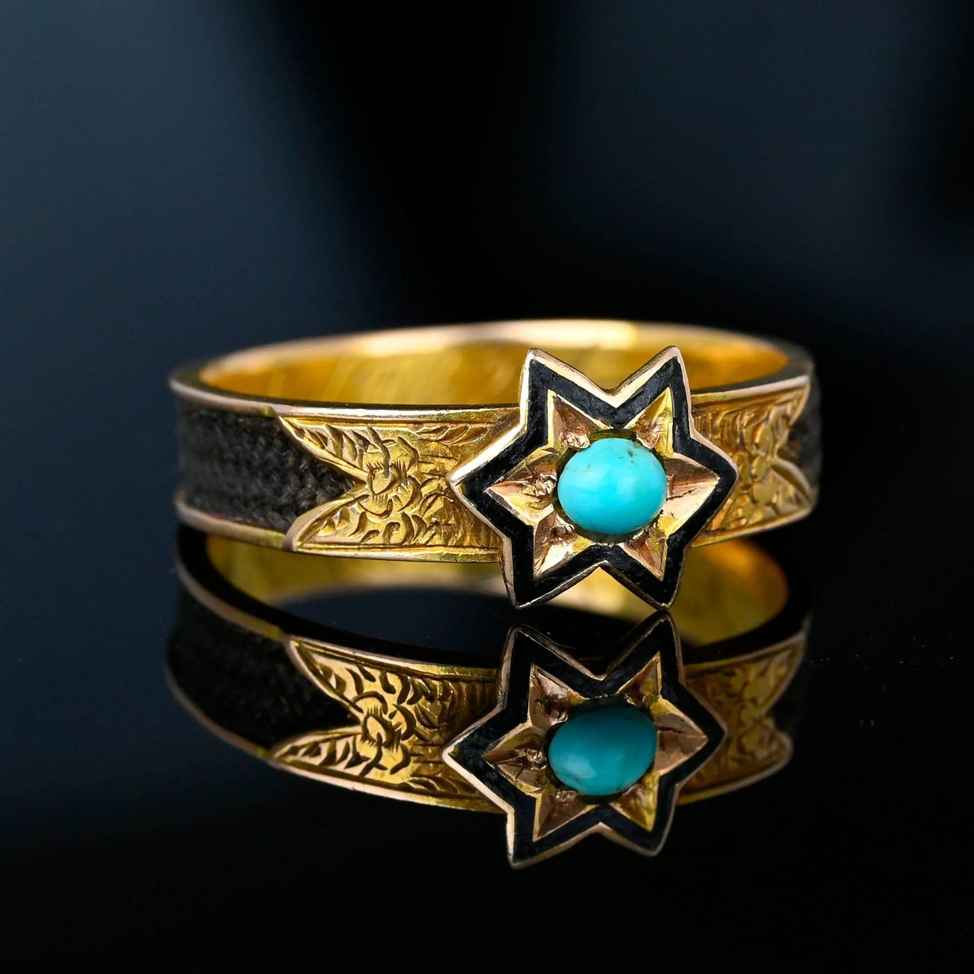 Antique Victorian 14K Gold Turquoise Star Ring Band, Mourning Jewelry