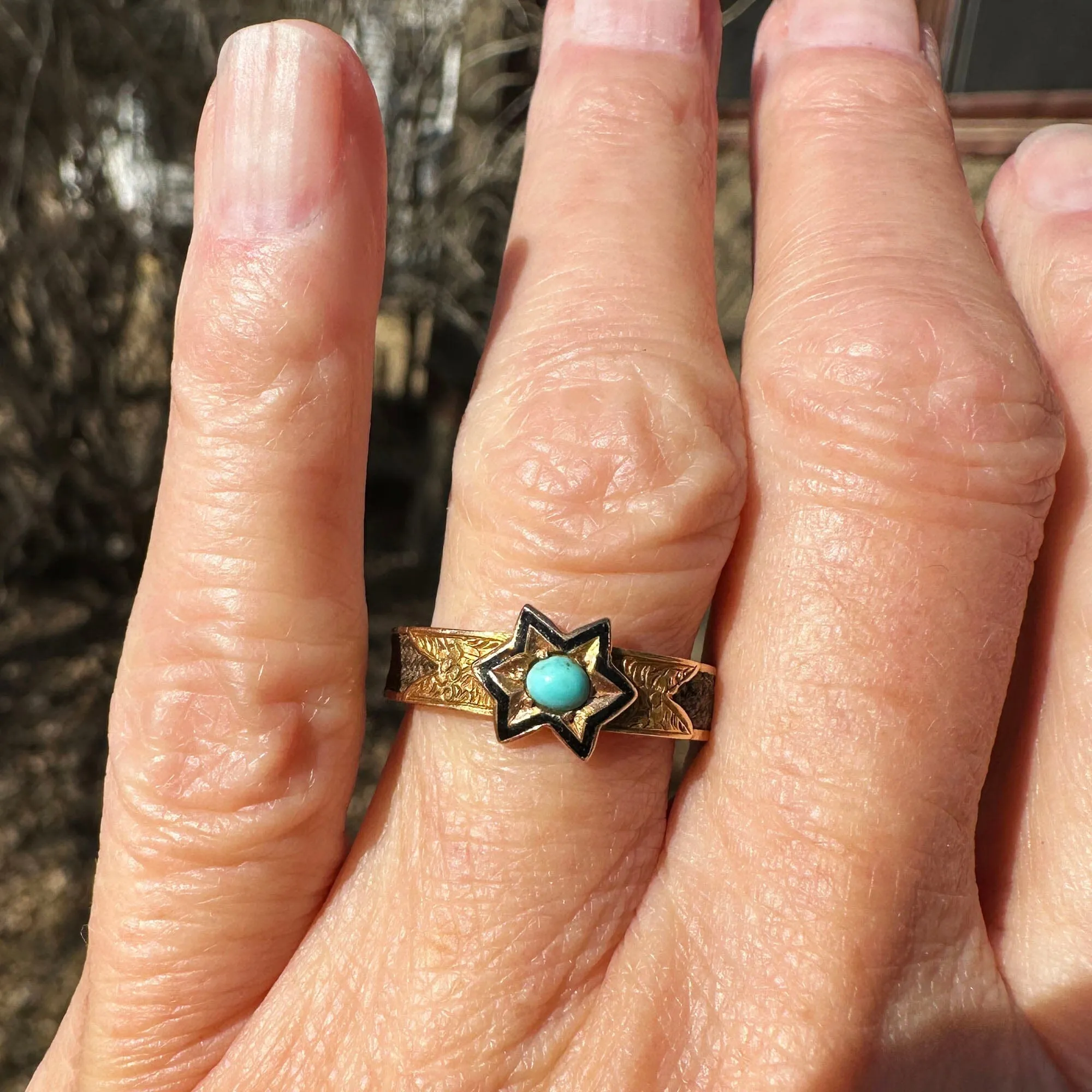 Antique Victorian 14K Gold Turquoise Star Ring Band, Mourning Jewelry