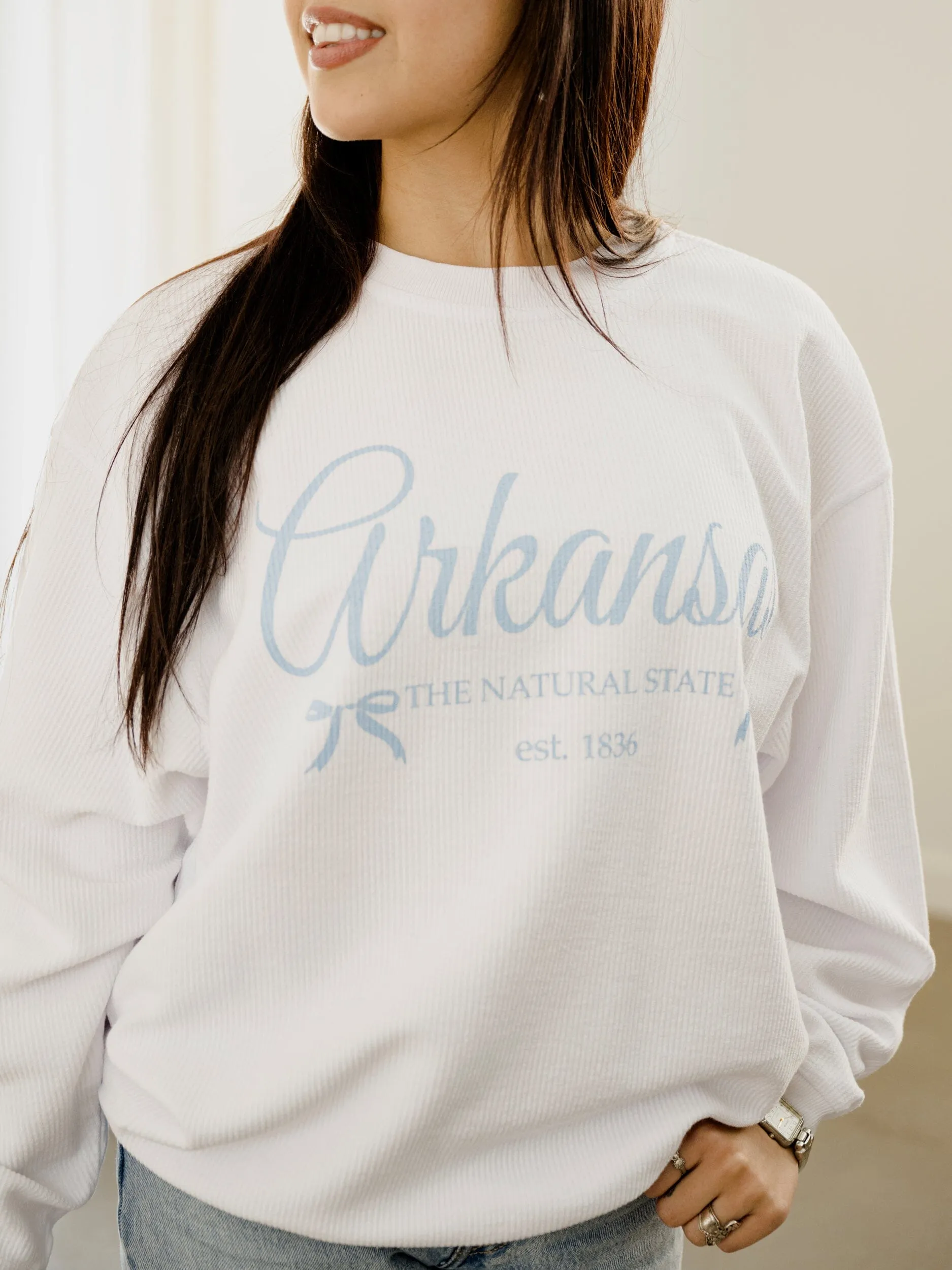 Arkansas Est. Bows White Corded Crew Sweatshirt