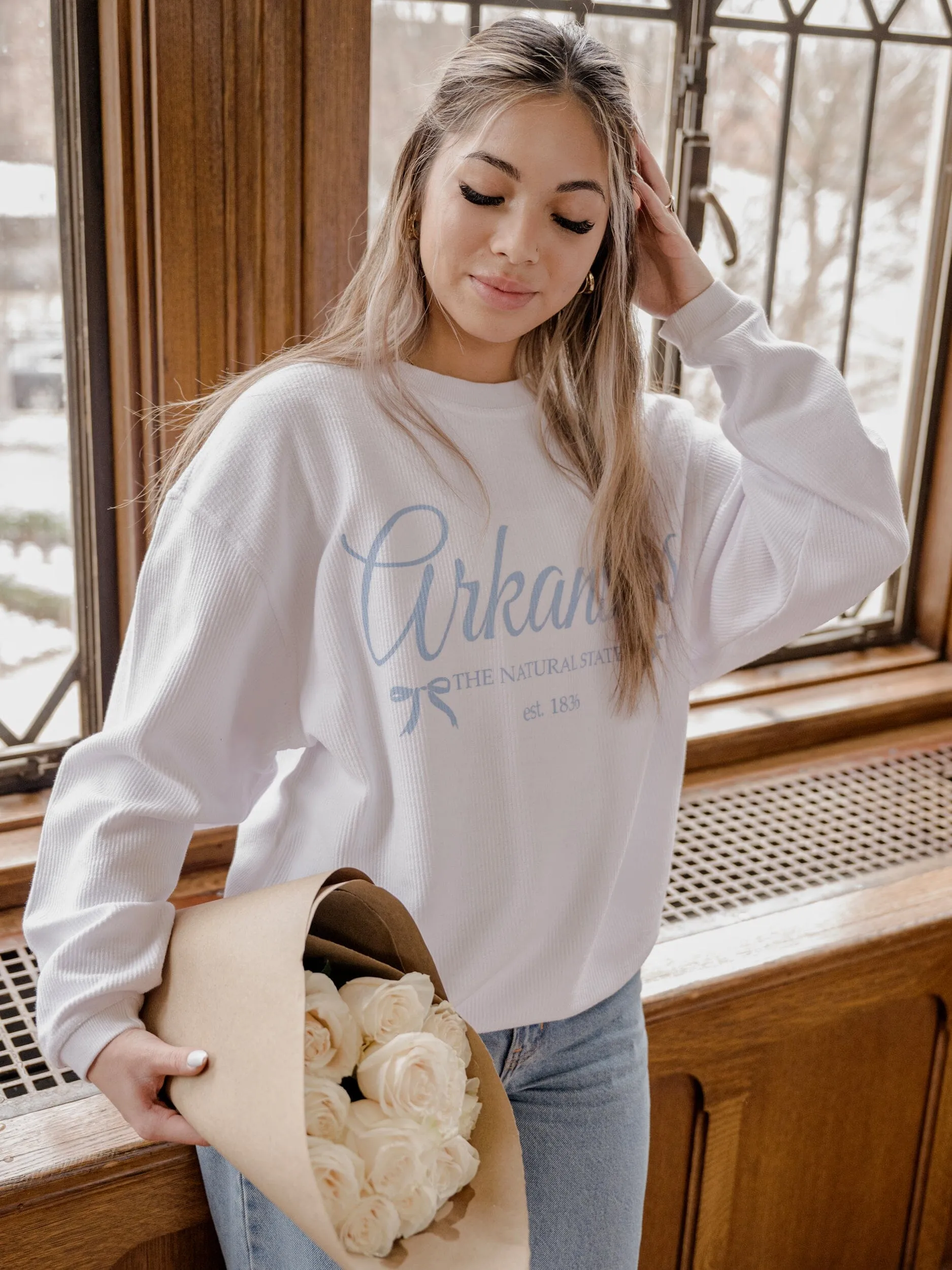 Arkansas Est. Bows White Corded Crew Sweatshirt