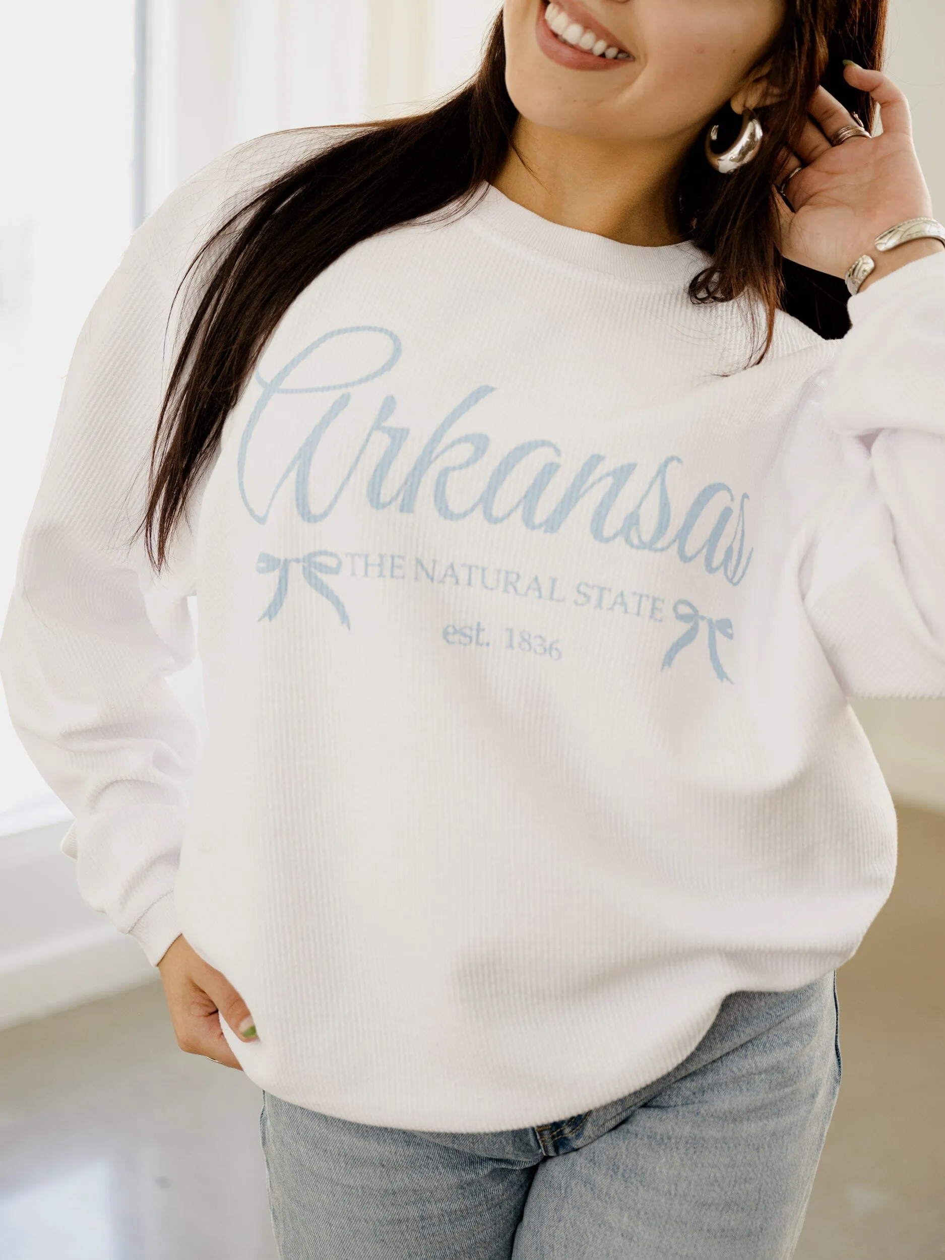 Arkansas Est. Bows White Corded Crew Sweatshirt