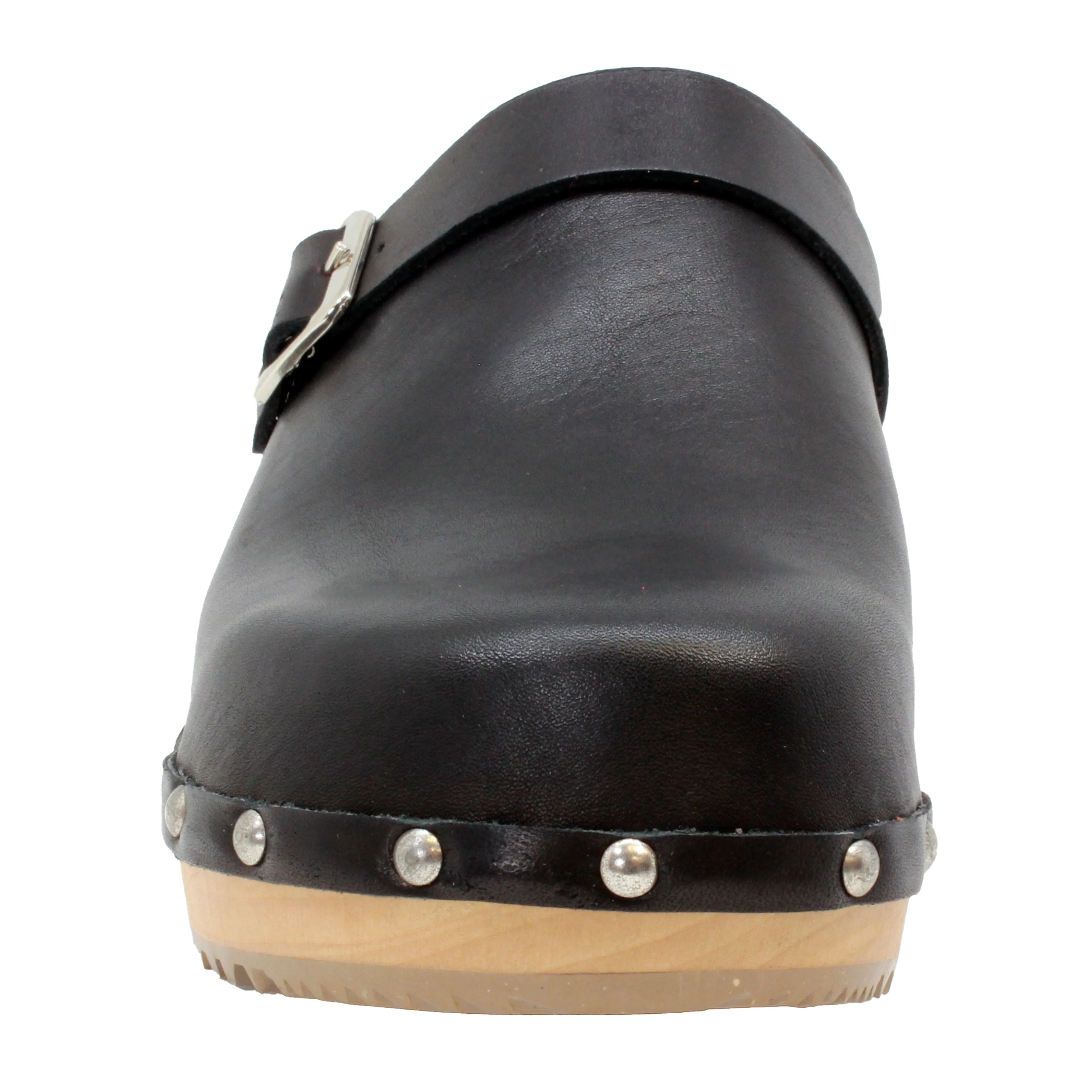 BJORK Anna Wood Full Grain Black Leather Clogs