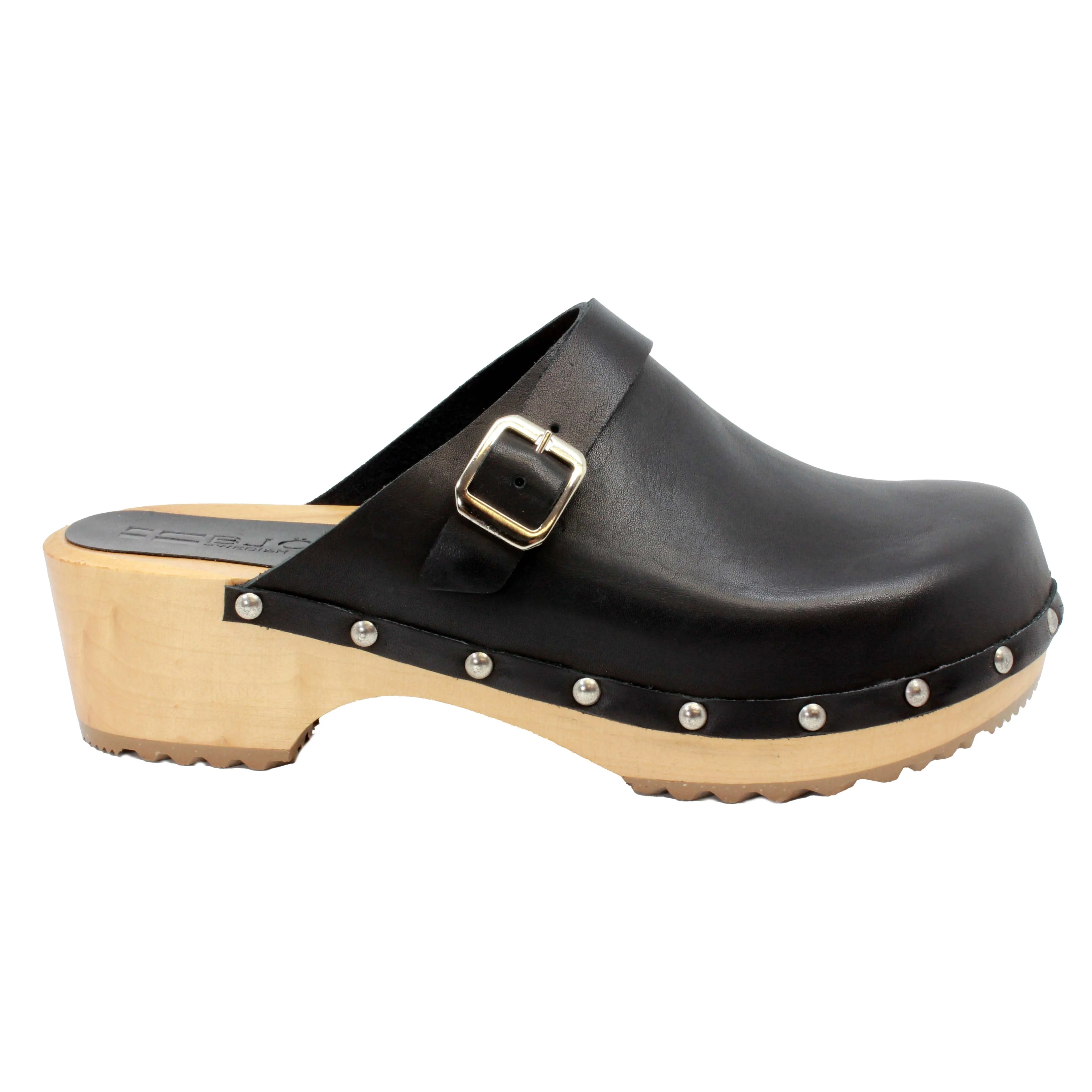 BJORK Anna Wood Full Grain Black Leather Clogs