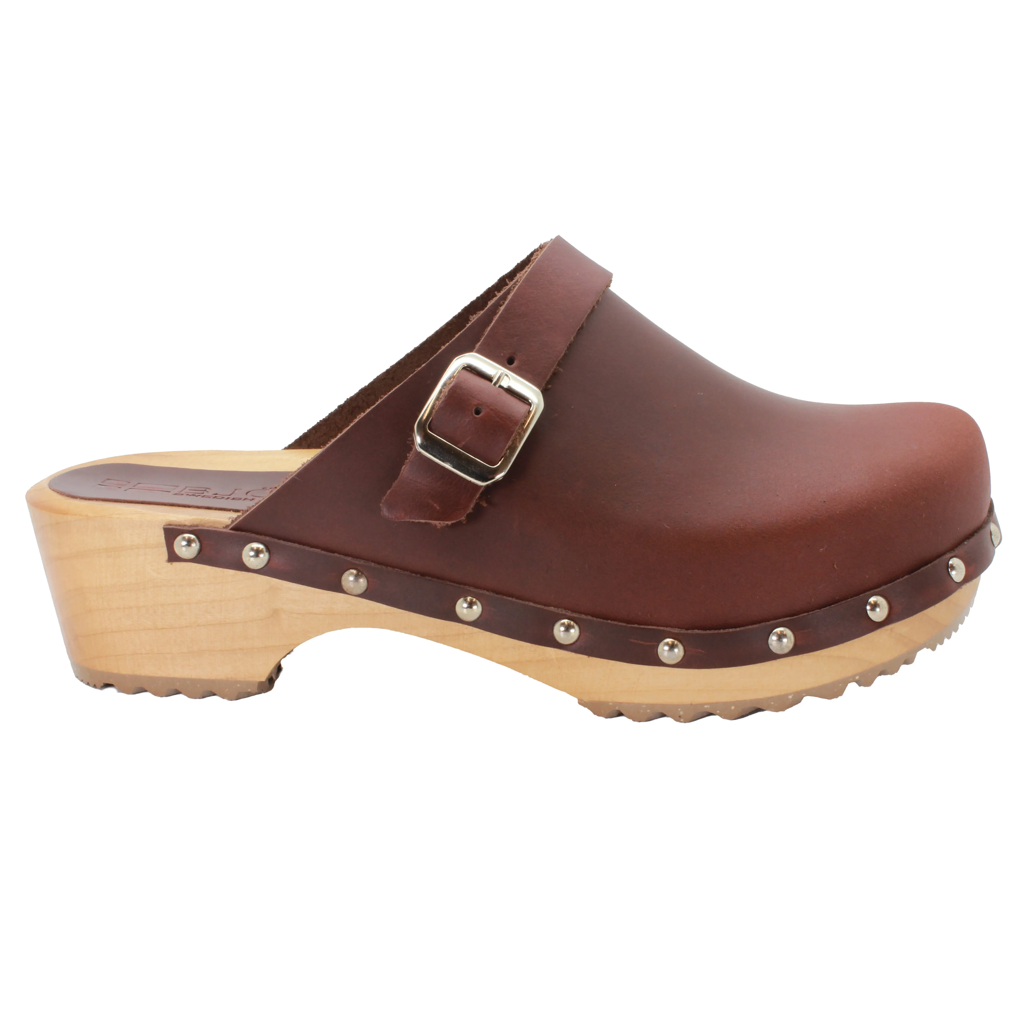 BJORK Anna Wood Full Grain Brown Leather Clogs