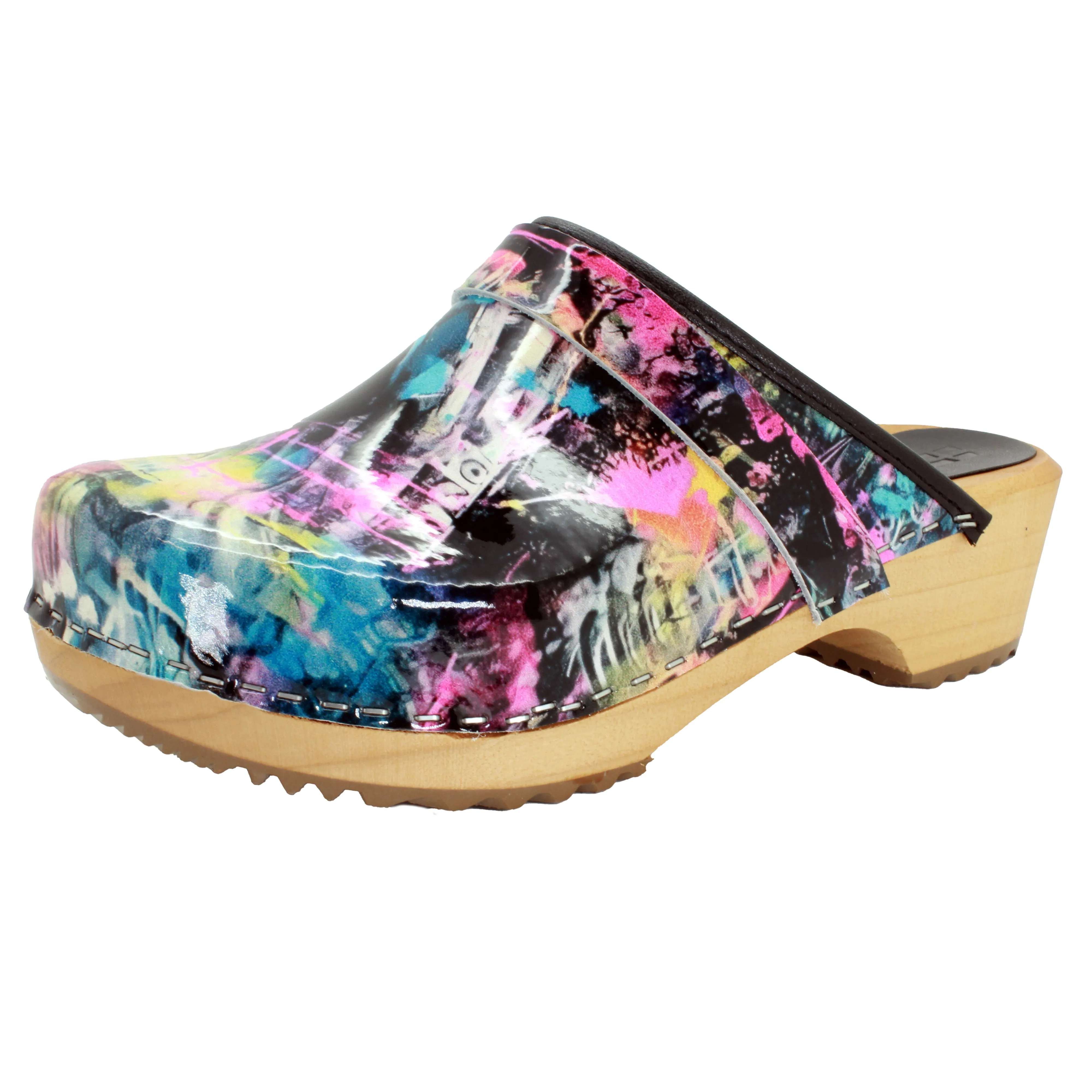 BJORK Maja Wood Graffiti II Leather Clogs