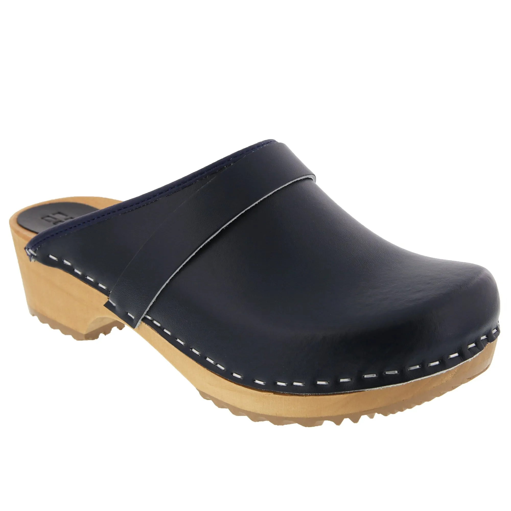 BJORK Maja Wood Open Back Black Leather Clogs