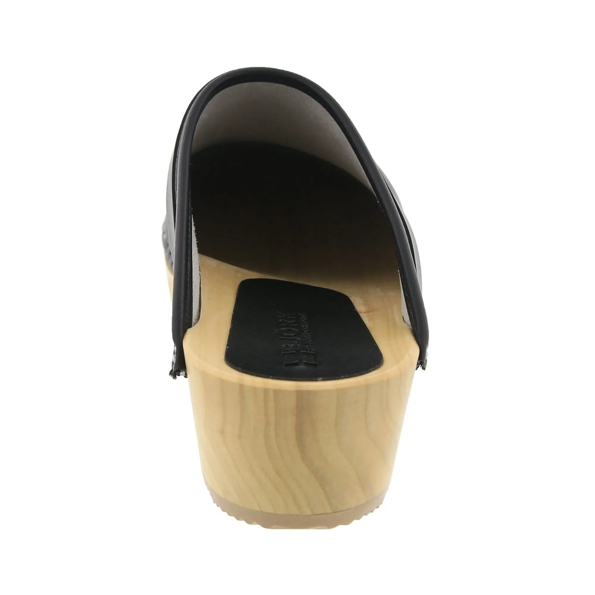 BJORK Maja Wood Open Back Black Leather Clogs