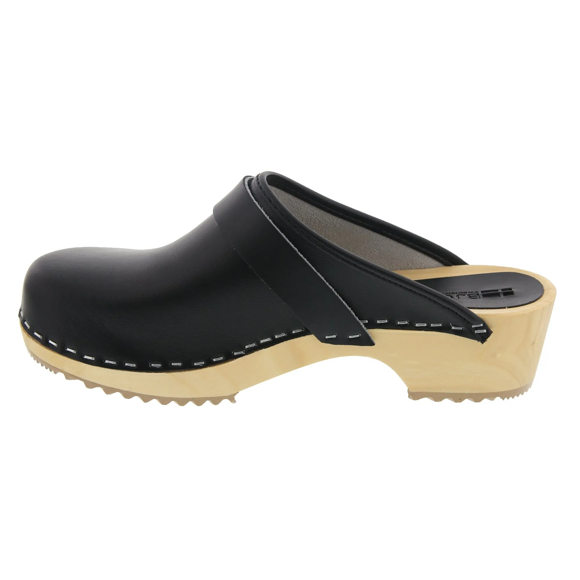 BJORK Maja Wood Open Back Black Leather Clogs