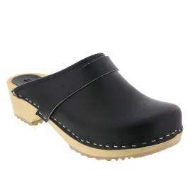 BJORK Maja Wood Open Back Black Leather Clogs