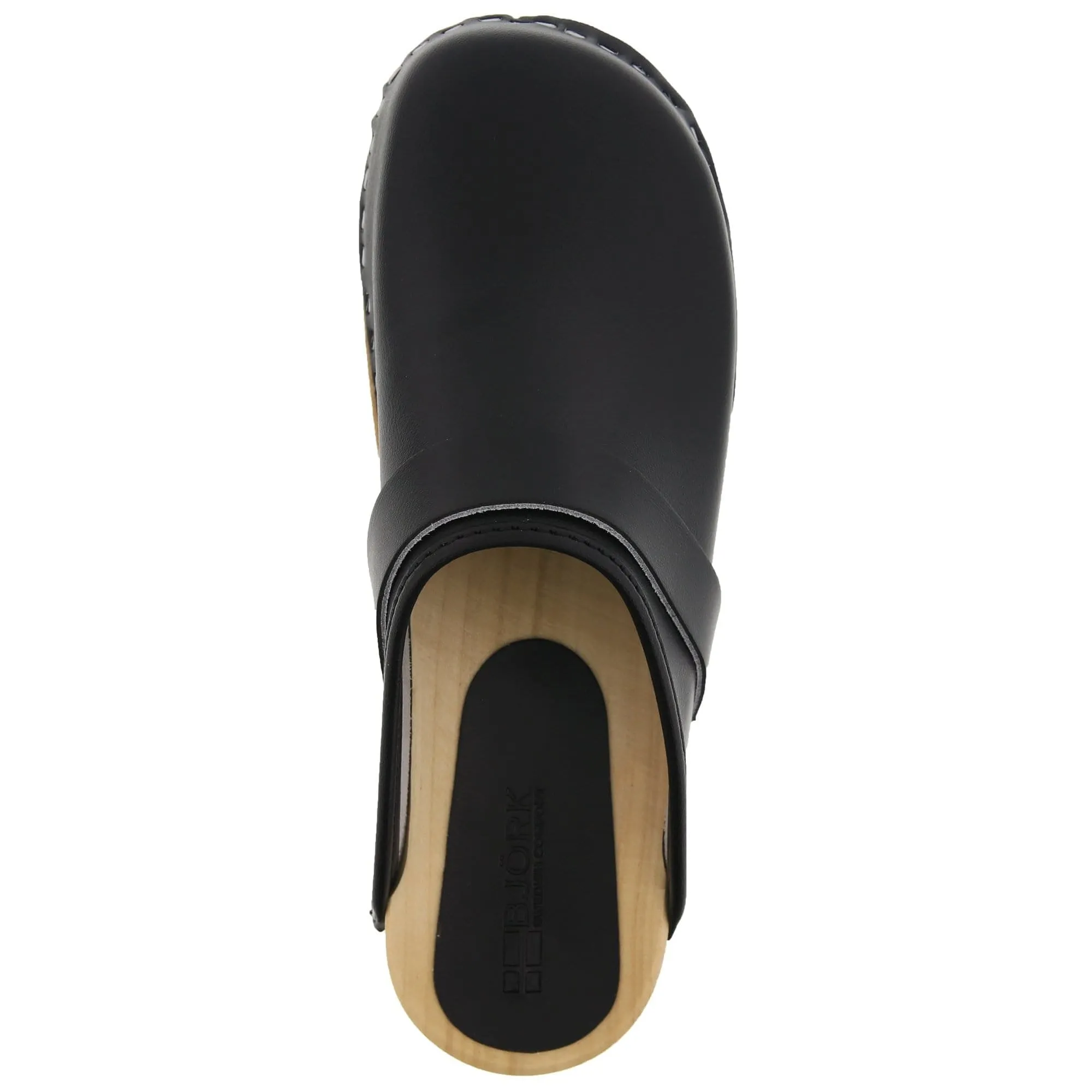 BJORK Maja Wood Open Back Black Leather Clogs