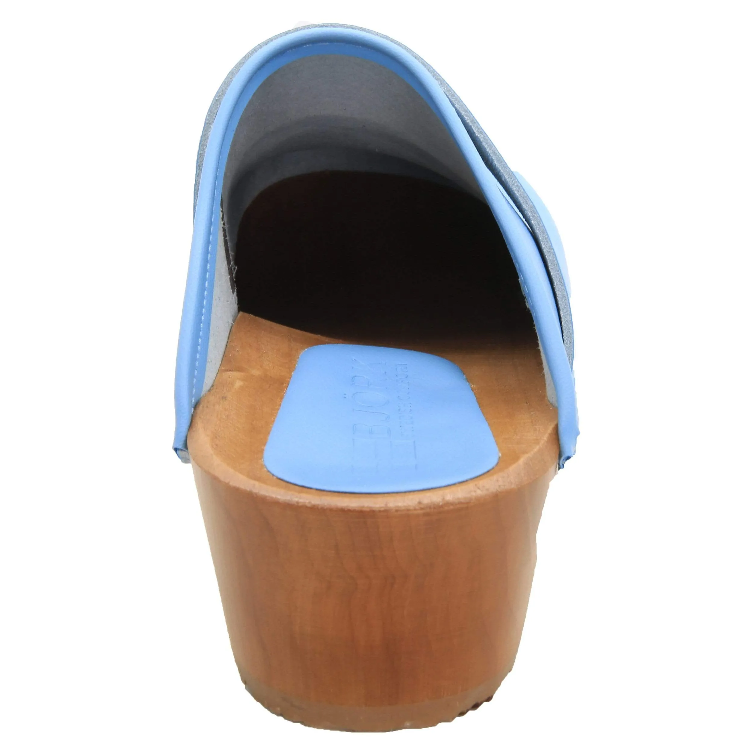 BJORK Maja Wood Open Back Leather Clogs in Light Blue - CLOSEOUT