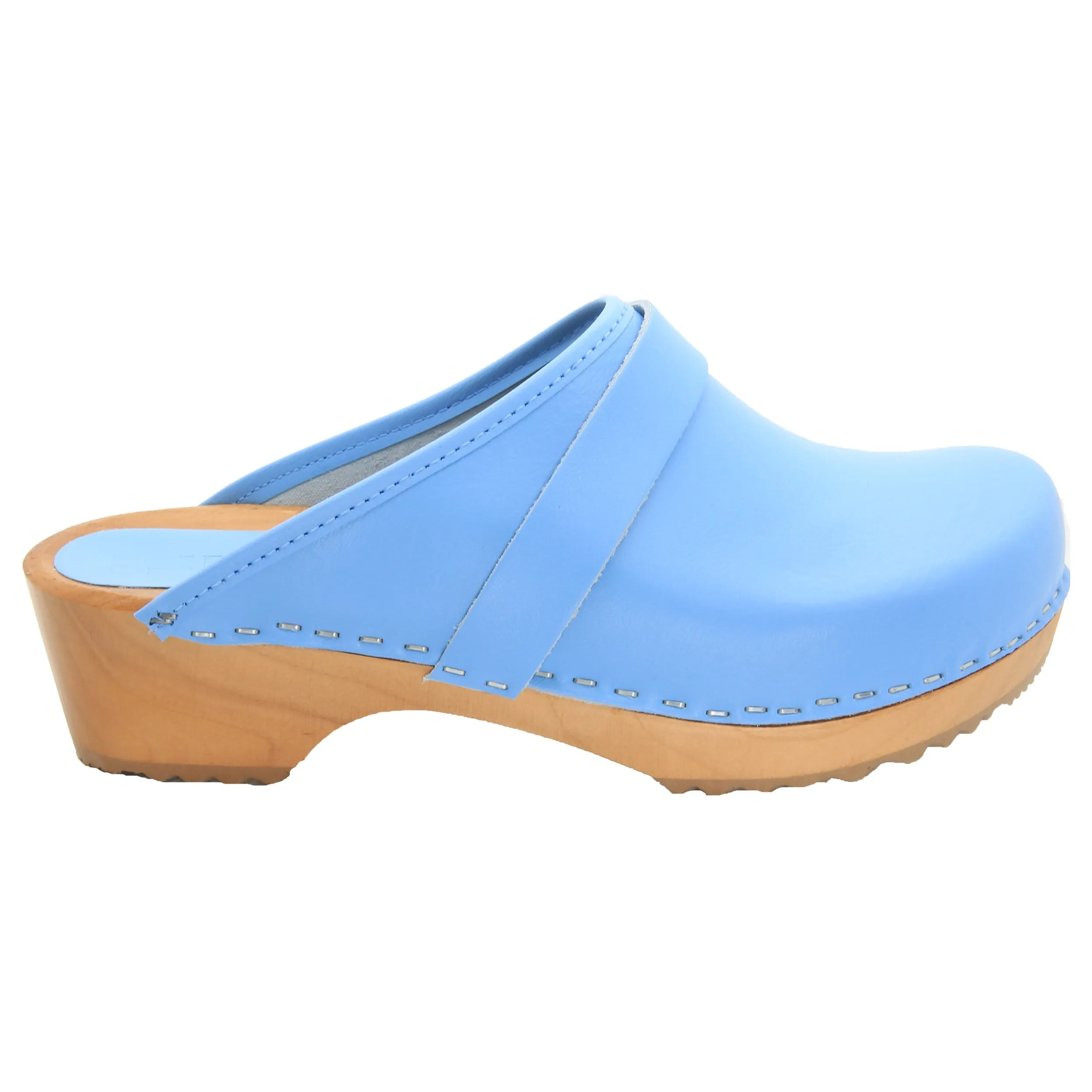 BJORK Maja Wood Open Back Leather Clogs in Light Blue - CLOSEOUT