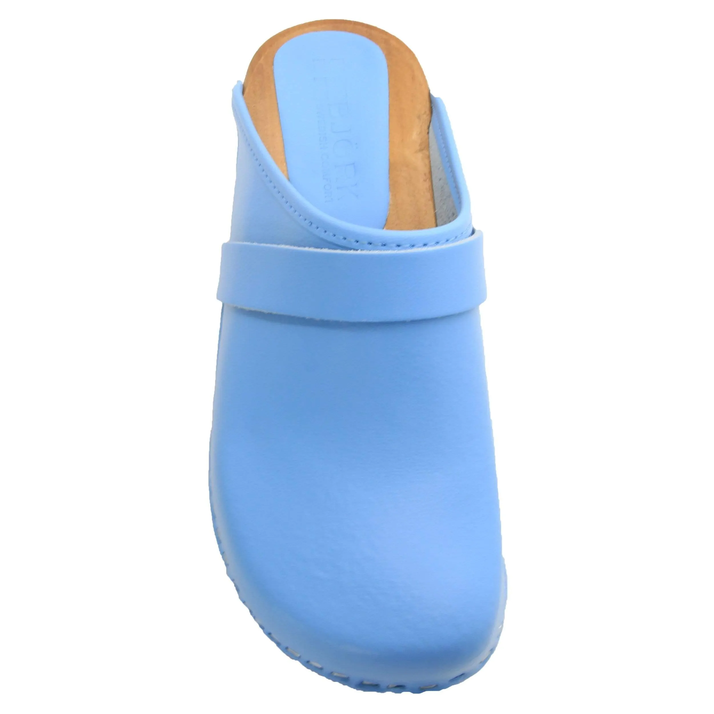 BJORK Maja Wood Open Back Leather Clogs in Light Blue - CLOSEOUT