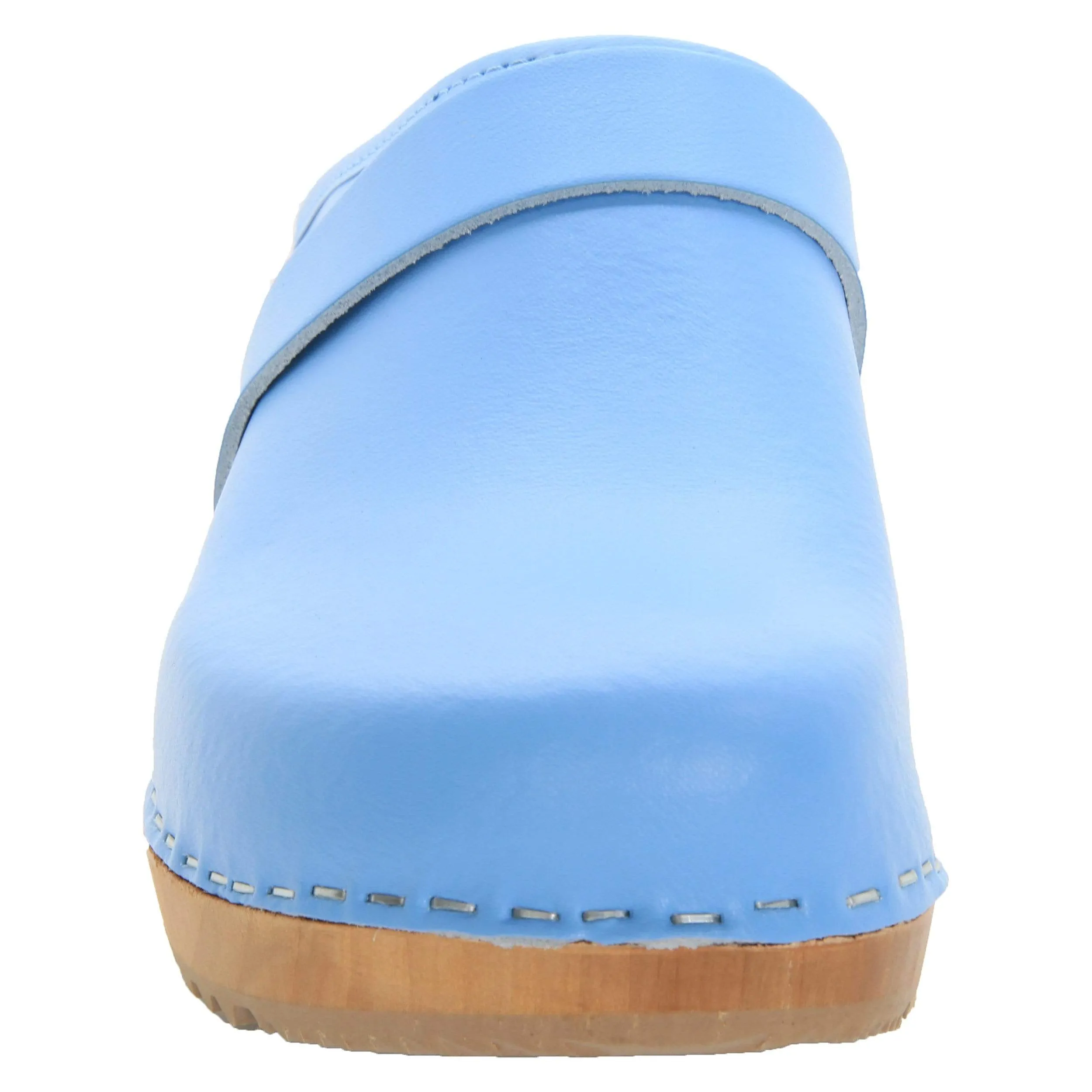 BJORK Maja Wood Open Back Leather Clogs in Light Blue - CLOSEOUT