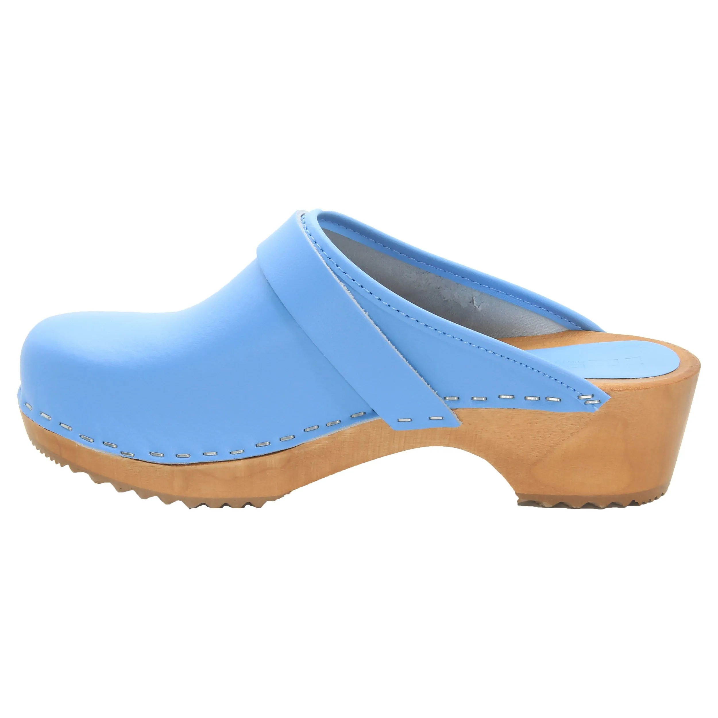 BJORK Maja Wood Open Back Leather Clogs in Light Blue - CLOSEOUT