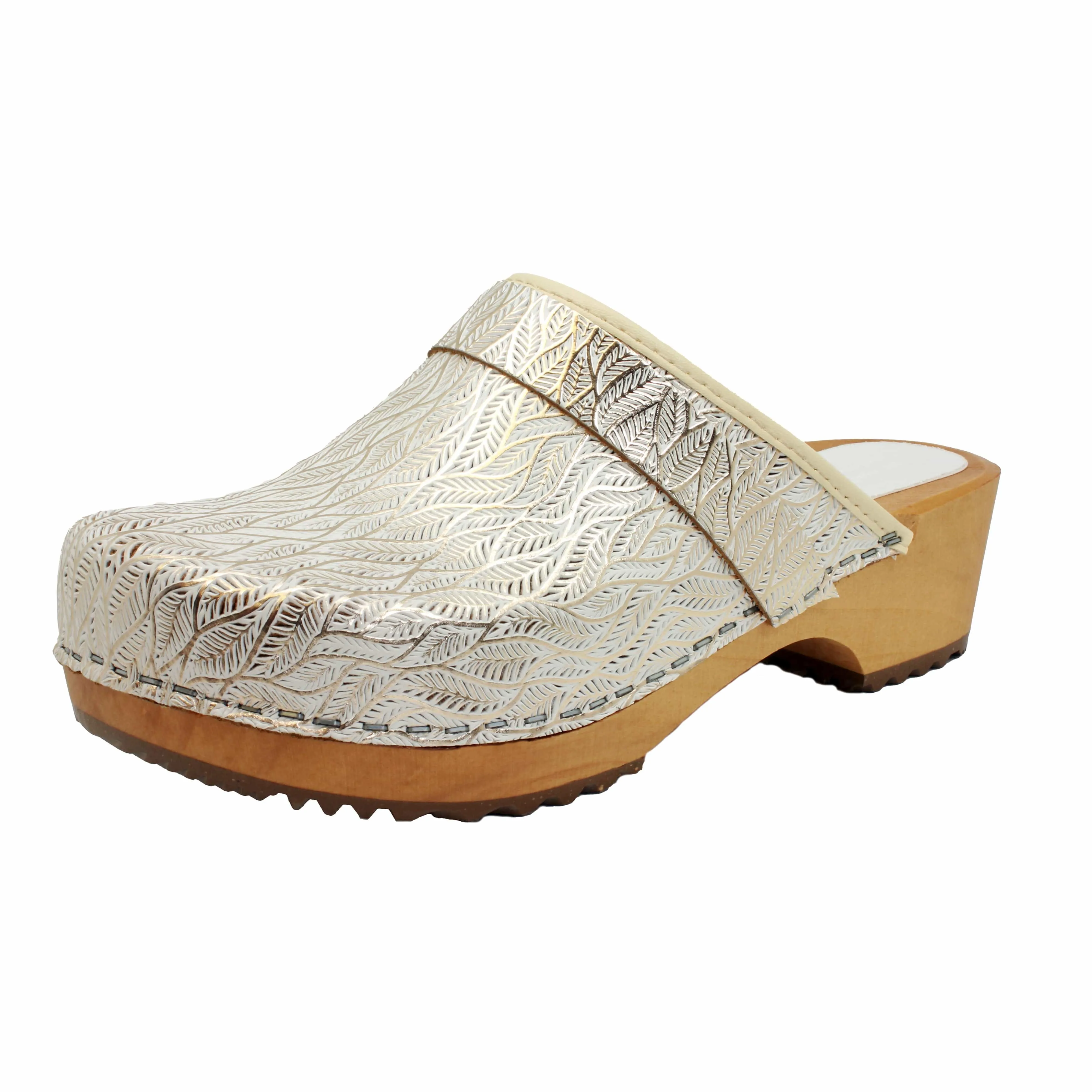 BJORK Maja Wood Open Back Tooled Natural Leather Clogs