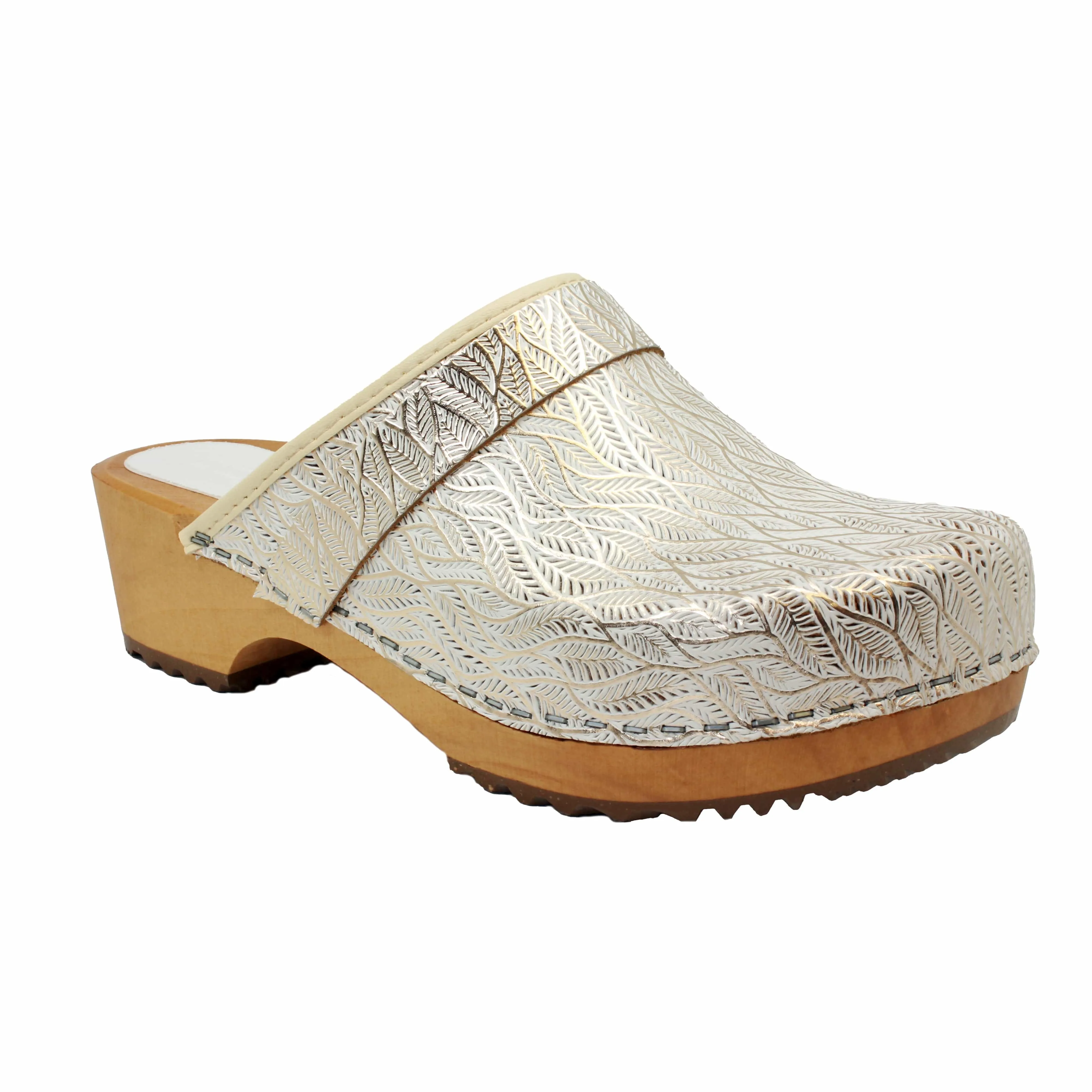 BJORK Maja Wood Open Back Tooled Natural Leather Clogs