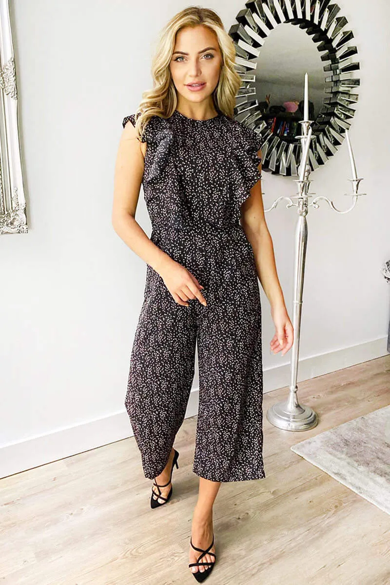 Black Floral Front Frill Tie Jumpsuit