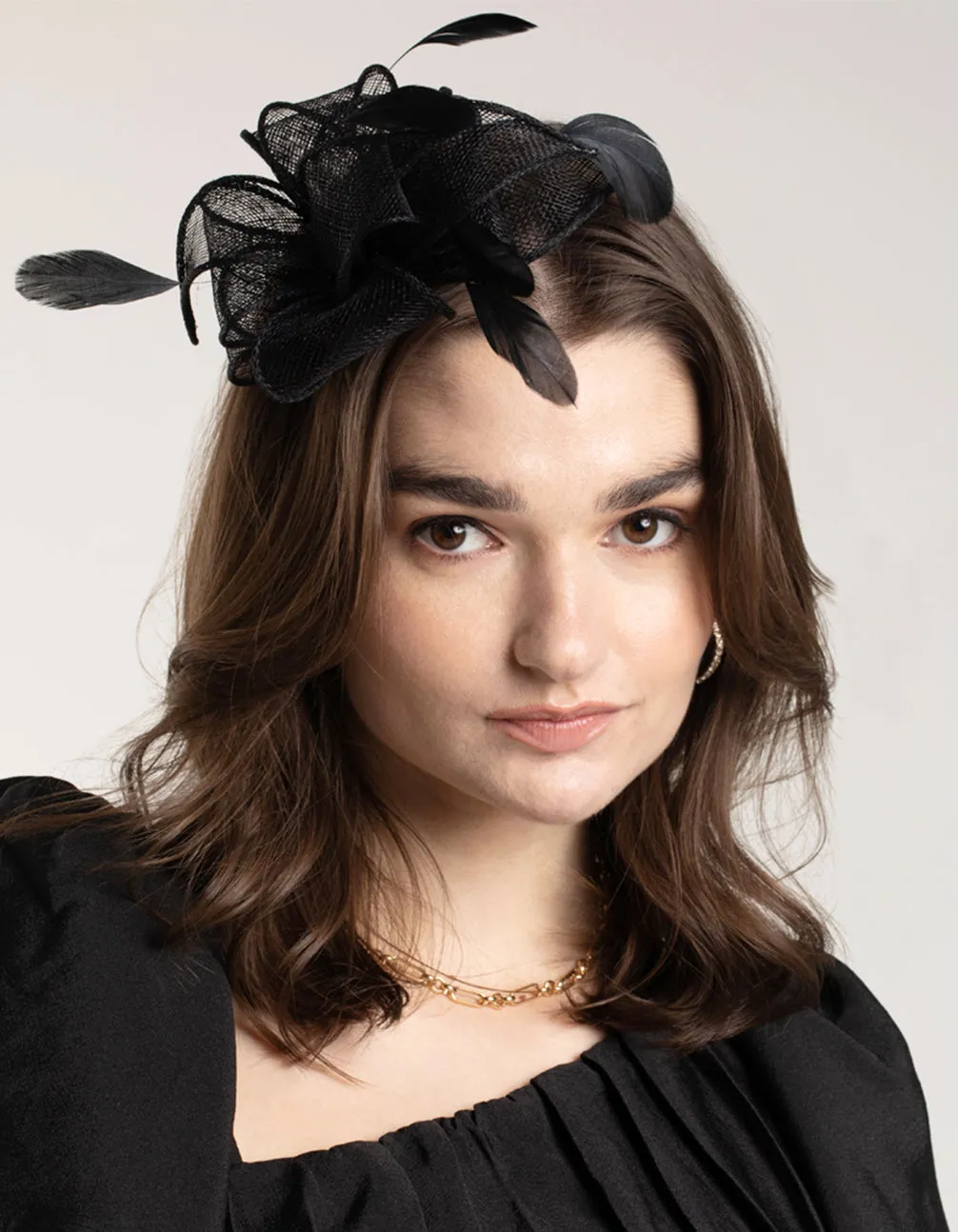 Black Looped Sinamay Fascinator Comb with Feathers