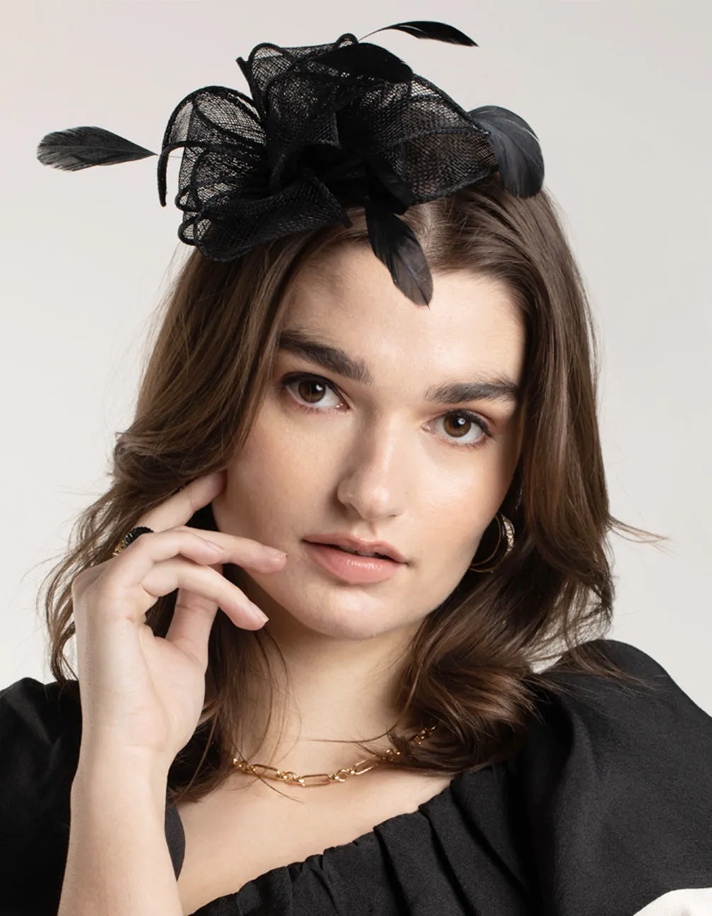 Black Looped Sinamay Fascinator Comb with Feathers