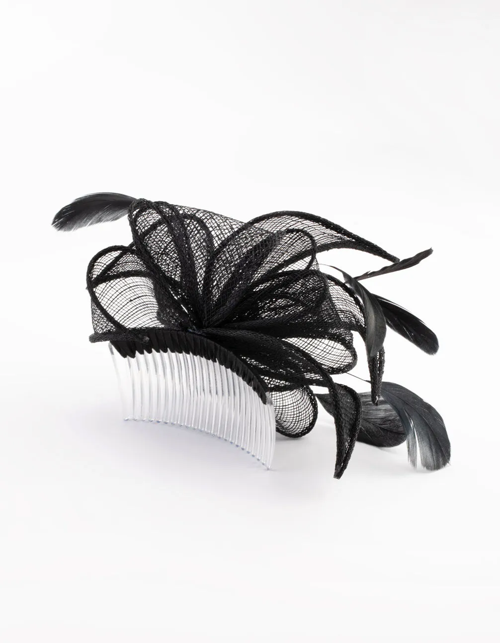 Black Looped Sinamay Fascinator Comb with Feathers