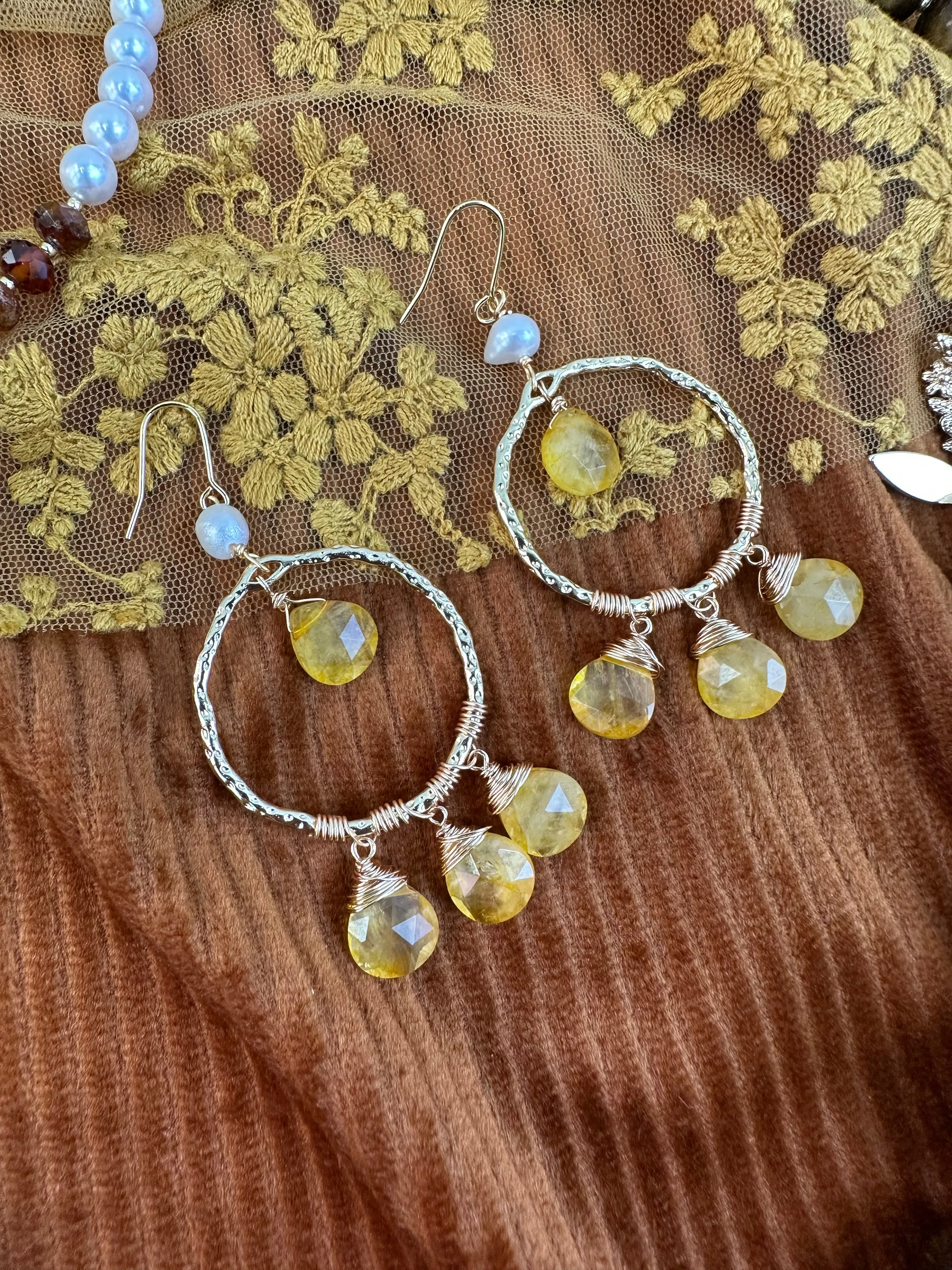 Bohemian Style Yellow Opal Freshwater Pearl Dangle Earrings KE021