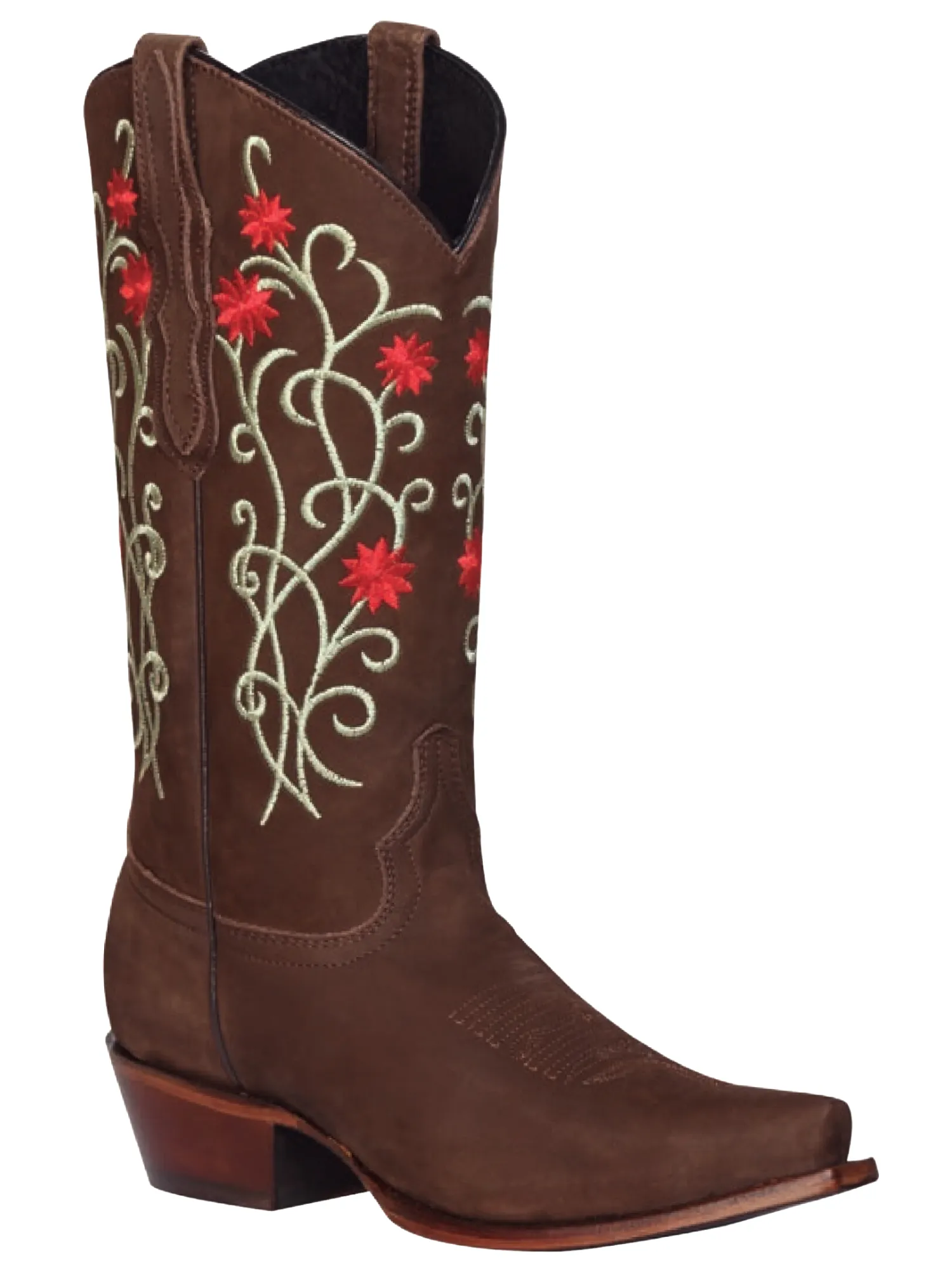 Botas Vaqueras Retro con Tubo Bordado de Flores de Piel Nobuck para Mujer 'El General' - ID: 41789