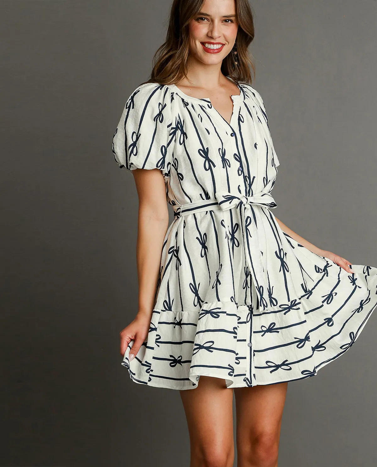 Bow Print Flutter Button-Down Mini Dress