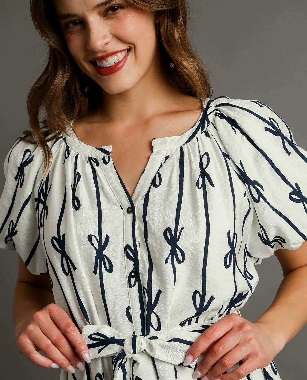 Bow Print Flutter Button-Down Mini Dress